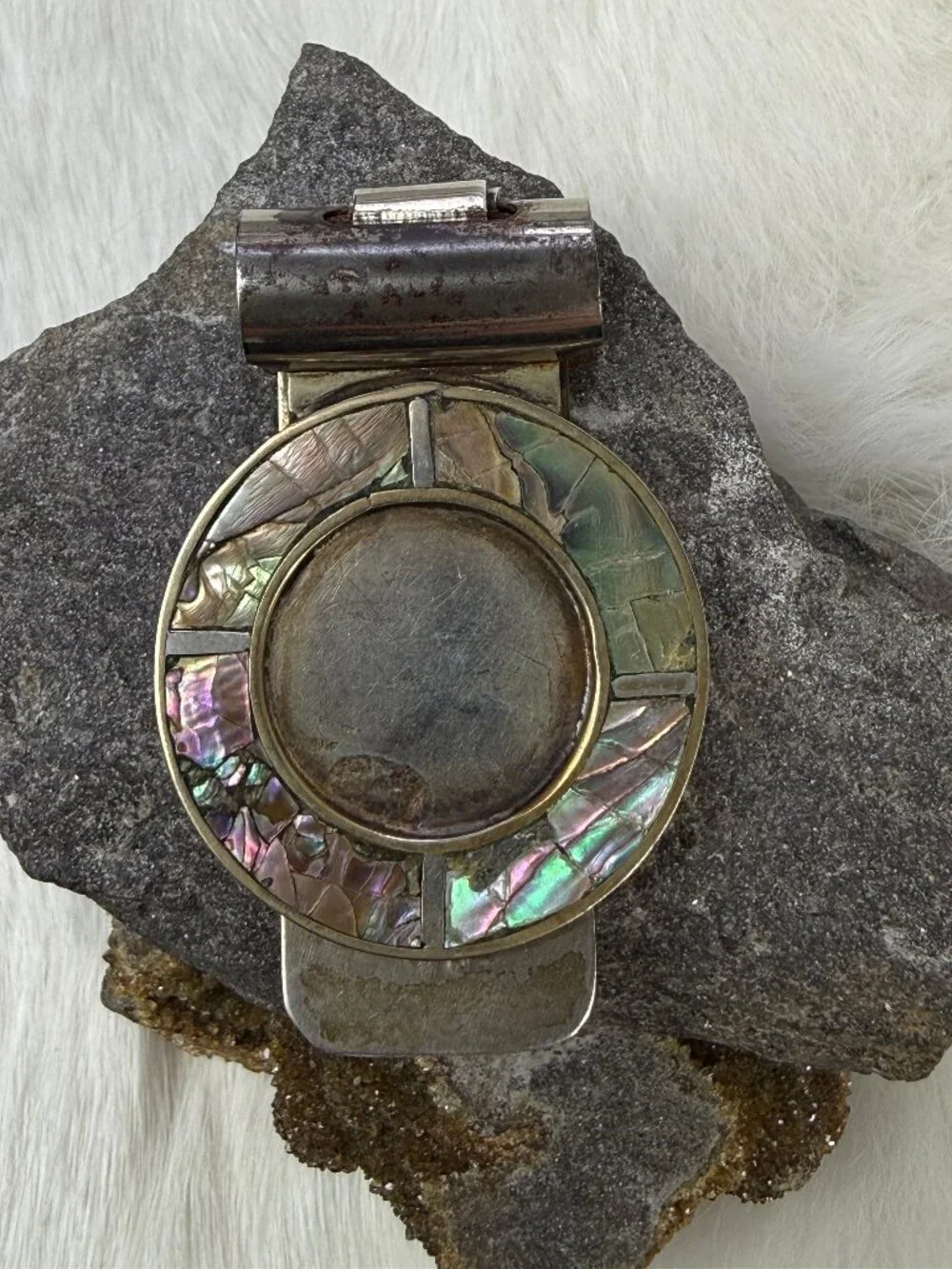 Vintage 900 Silver Abalone Shell Money Clip Mexico 16.71g